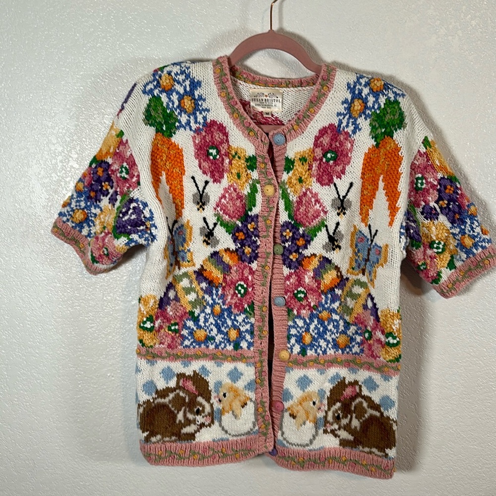 Vintage 1994 Susan Bristol Hand knit Easter Theme Spring Cardigan Size Medium